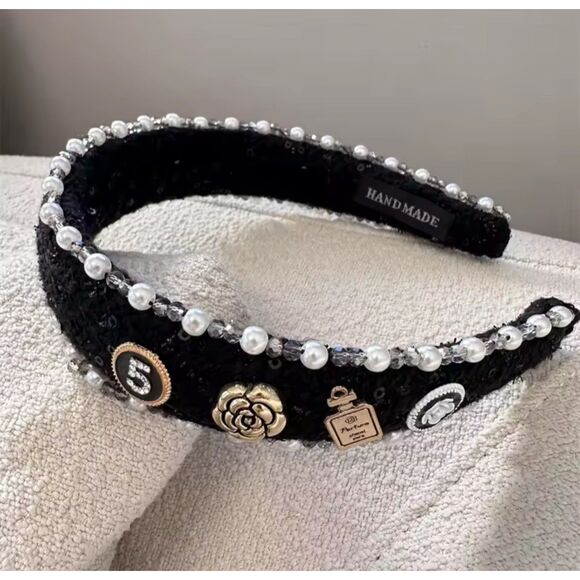 Black Headband with Pearls and #5 Designer Inspired Accents New main image 4
